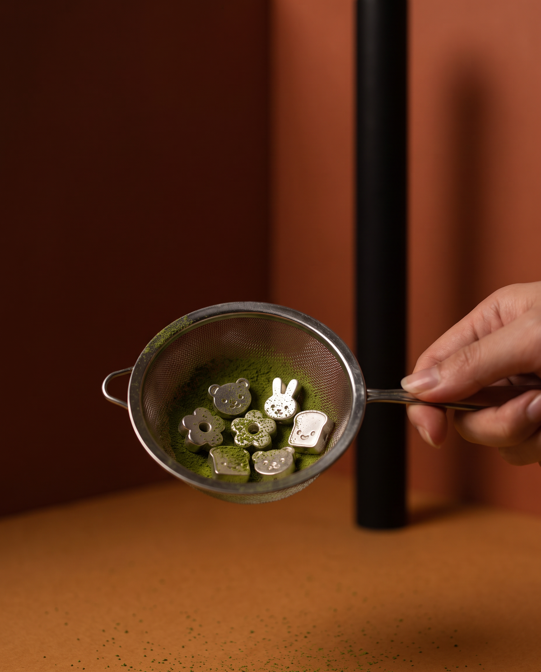 Beads in the sieve with matcha, top down